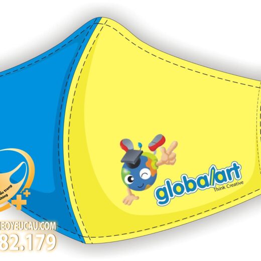 Khẩu trang vải in logo trung tâm Globalart màu xanh vàng